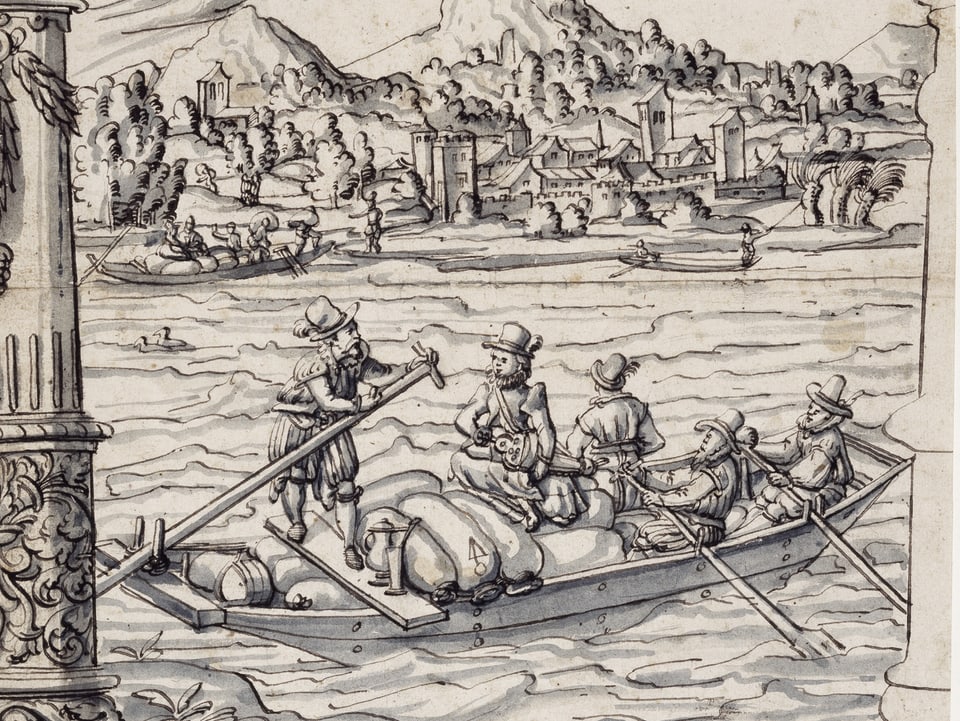 Ein Schifffahrer auf dem Rhein und im Hintergrund ein Städtchen, welches Zurzach darstellen könnte.