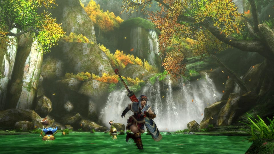 Eine Jägerin mit übergrossem Schwert joggt durch einen Blätterwald im Streiflicht.