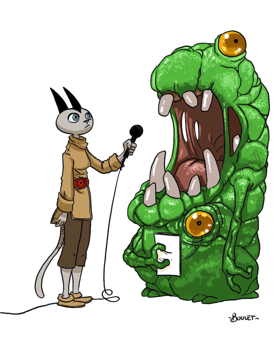 Zwei Comic-Figuren bei Sprachaufnahmen
