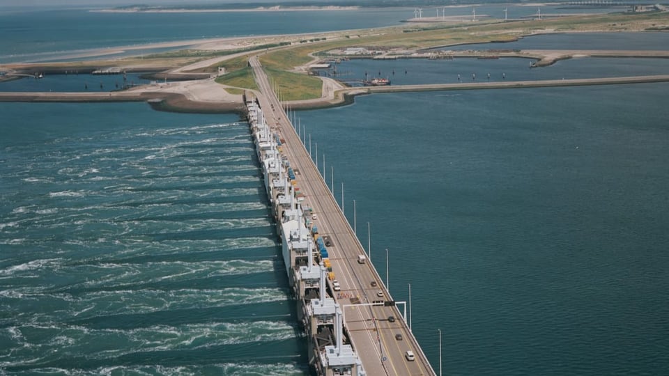 The Oosterschelde storm surge barrier can be seen in the picture.