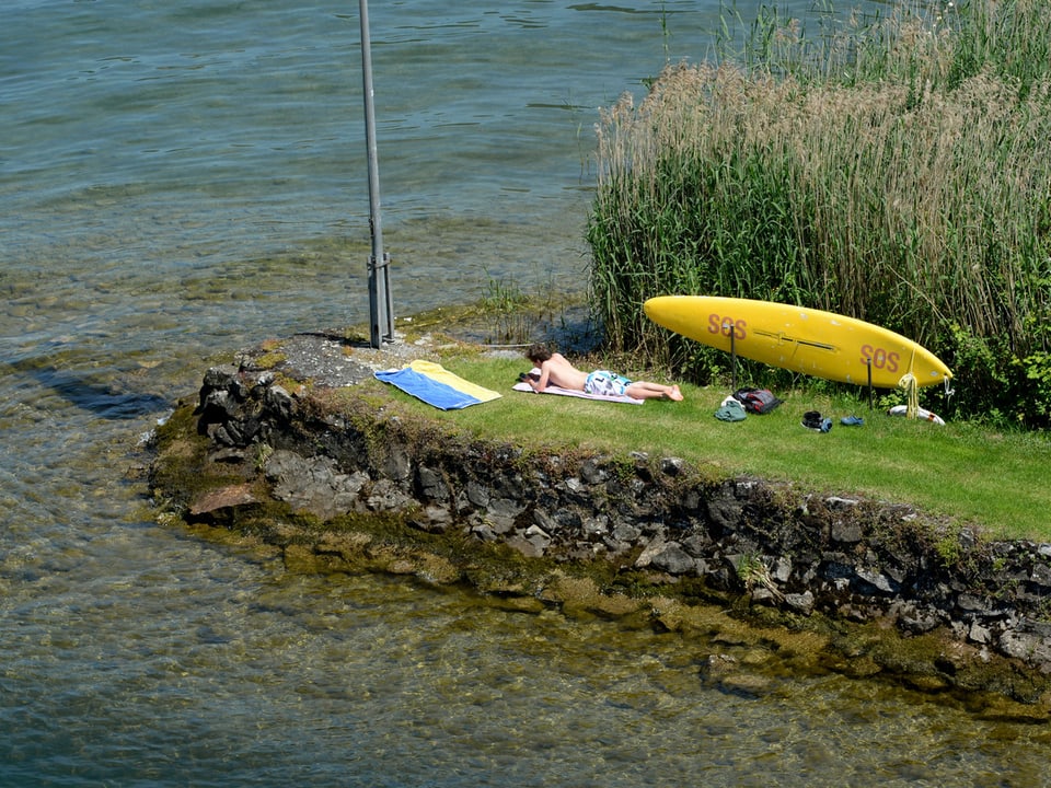 Ein Mann liegt auf einer Wiese, daneben das Seeufer