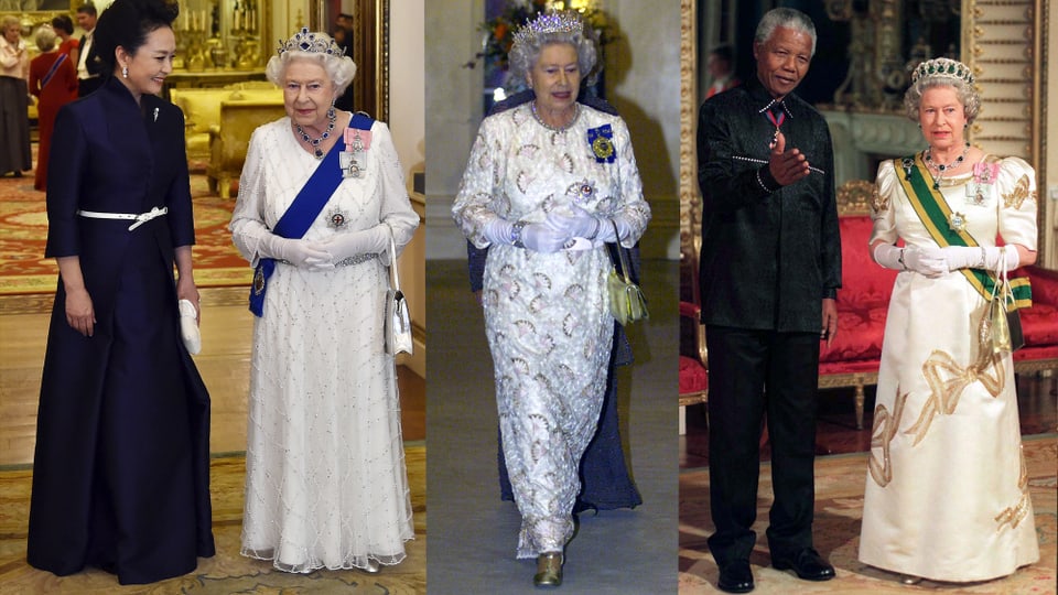 Eine Collage auf der die Queen in edlen Roben zu sehen ist, dabei trägt sie goldene Pumps.