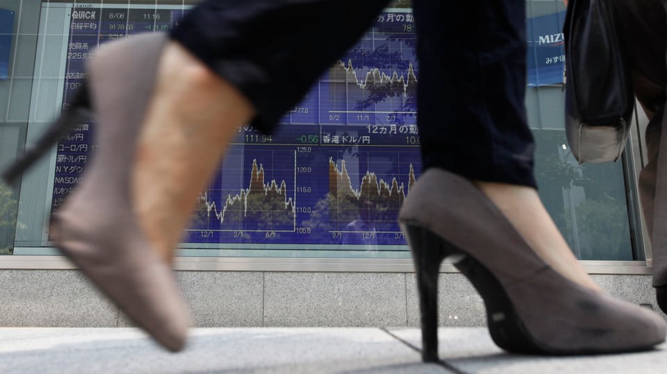 Zwei Frauenfüsse in Schuhen mit hohen Absätzen im Gehen vor einer Wand mit Börsencharts aufgenommen