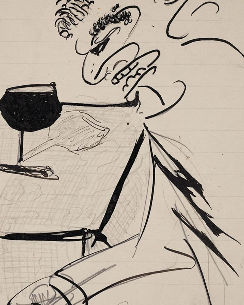 Zeichnung: Ein Mann an einem Tisch, auf dem ein Glas Wein steht.