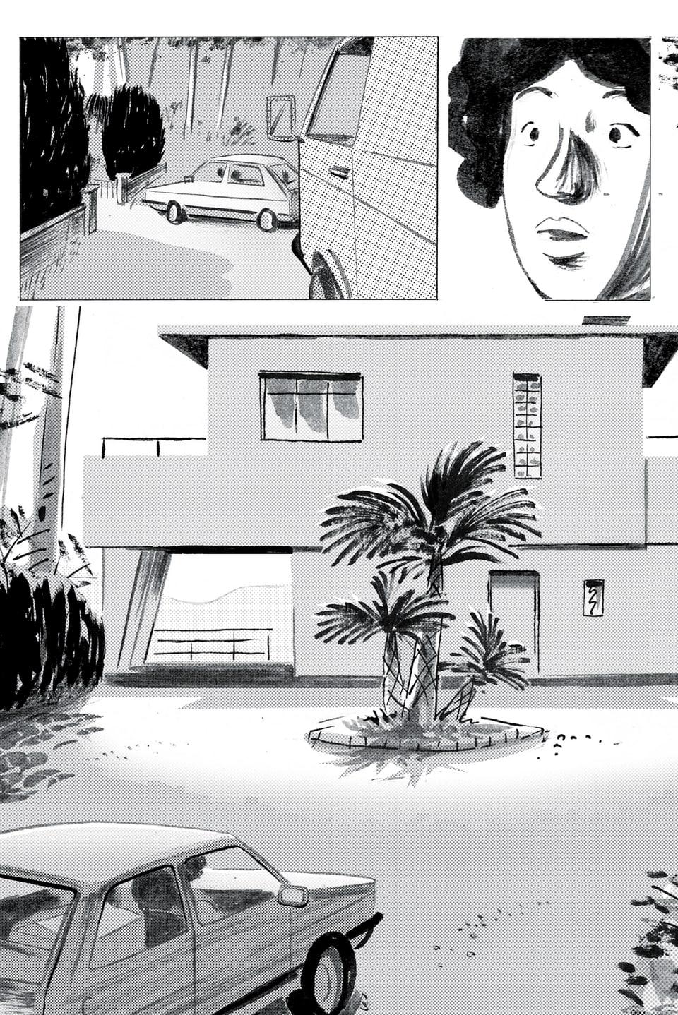 Eine Comicseite bestehend aus drei Bildern: Zwei Autos, ein Frauengesicht, ein Auto vor einem Haus.