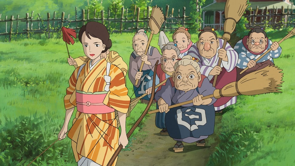 Zeichentrickszene, bei der ein junge Frau und ein Dutzend alter Frauen mit Besen bewaffnet gezeigt werden.