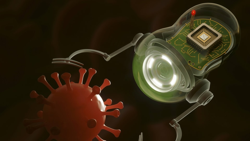 Die Illustration zeigt einen Nano-Roboter, der im menschlichen Körper nach einem Virus greift