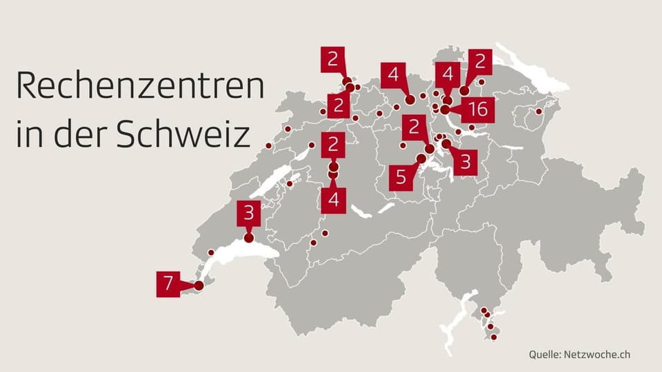 Hier befinden sich die Schweizer Rechenzentren Schweizer Landeskarte mit Rechenzentren-Standorten
