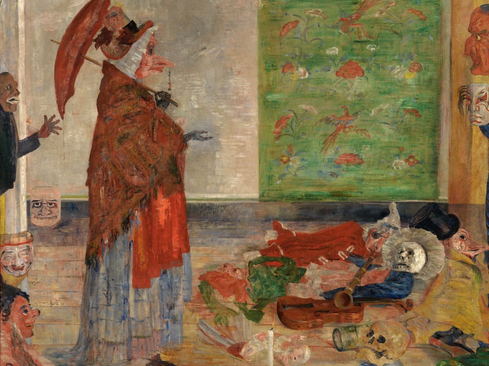 Frau mit Maske vor am Boden liegenden Totenschädel, Affen im Hintergrund.