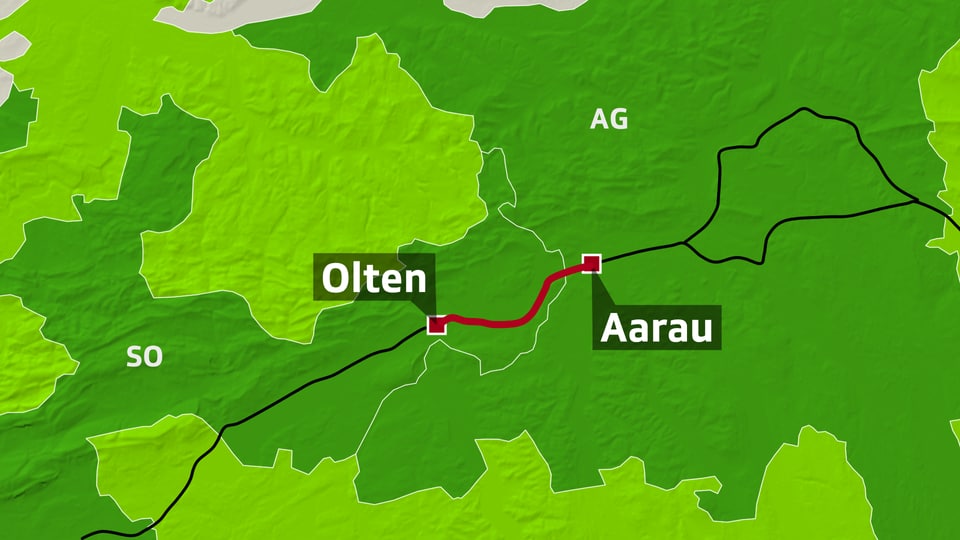 Kartenausschnitt zeigt Strecke Olten-Aarau