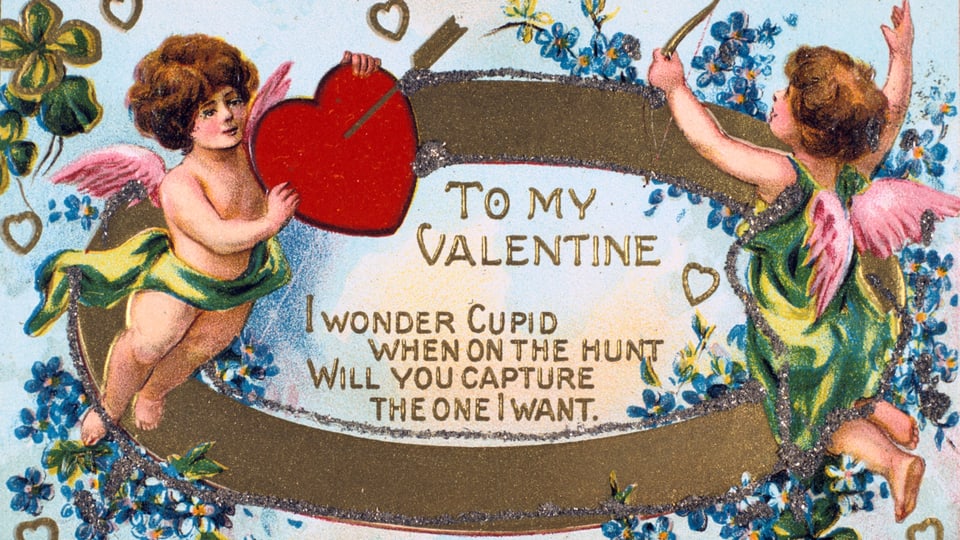 Eine Karte mit Liebesengeln drauf. Es steht «To my valentine».