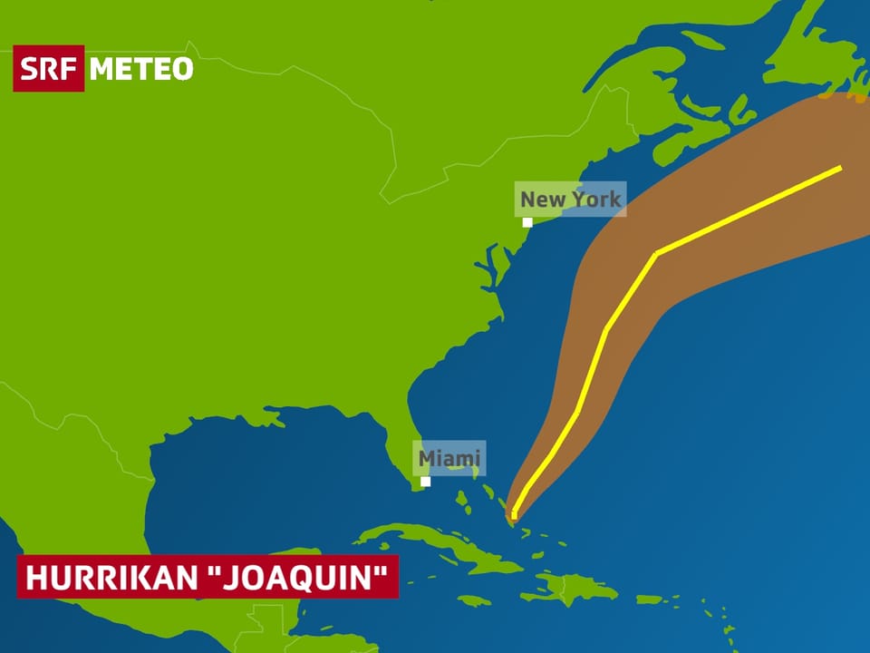 Man sieht eine Karte von Nordamerika. Eingezeichnet in orange die mögliche Zugbahn von Hurrikan Joaquin von den Bahamas im Süden Richtung Nordatlantik. 