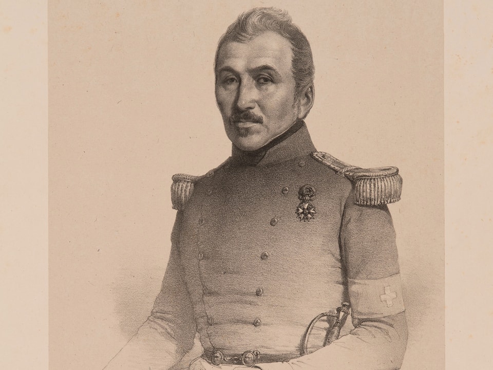 Gezeichnetes Porträt von Oberst Rilliet de Constant. Er führte 1842 das Übungslager in Thun durch.