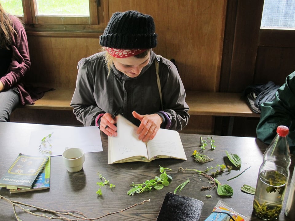 Anja Rüegsegger am Tisch, vor sich ihr Skizzenbuch und diverse Pflanzen.