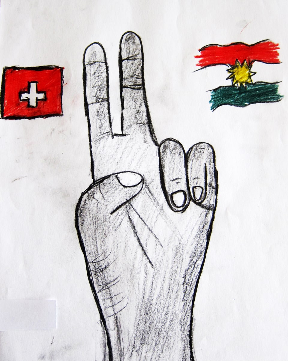 Zeichnung einer Hand, die das Victory-Zeichen macht, daneben Schweizer und kurdische Flagge.