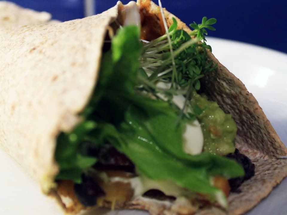 Gerollter Tortilla-Wrap mit Salat und Kresse