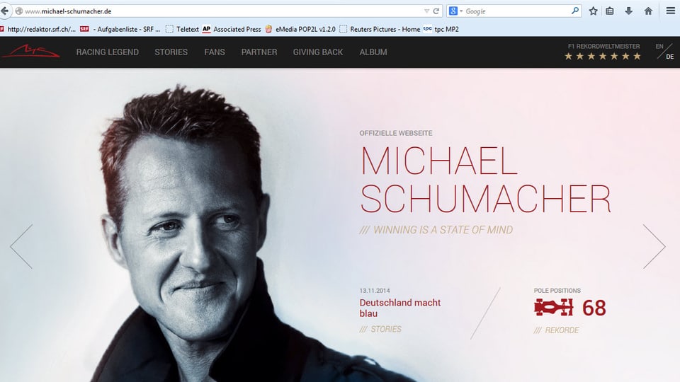 Die Startseite von Michael Schumachers Homepage. Mit Bild von ihm.