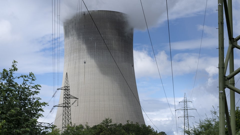 Kernkraftwerk Gösgen, daneben ein Strommasten.