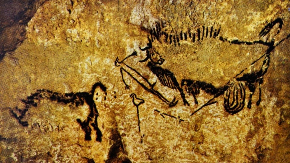 Höhlenmalerei zeigt einen Menschen und ein verwundetes Bison.