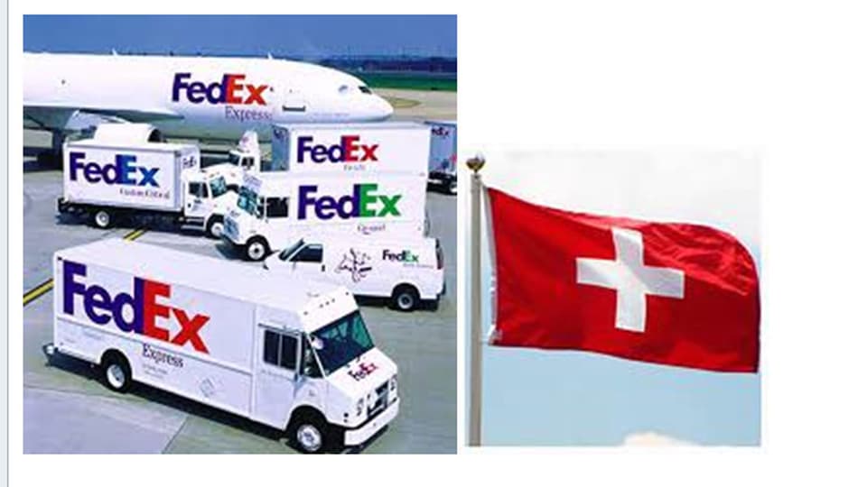 Fedex-Fahrzeugpark und Schweizerfahne.