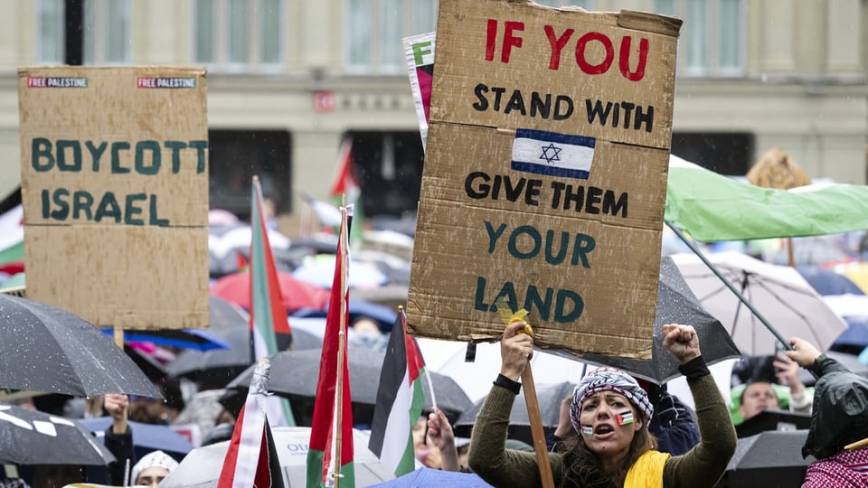 Zwei Schilder mit Anti-Israel-Sprüchen werden hochgehalten