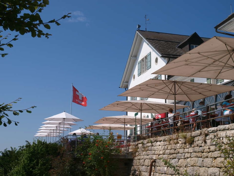 Hotel Weissenstein bei Sonnenschein. Sonnenterasse mit Sonnenschirmen. Im Hintergrund eine Schweizerflagge. 