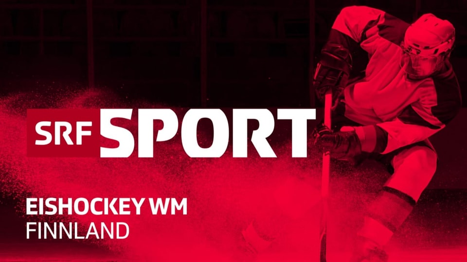 WM total bei SRF Das SRF-Logo zur Eishockey-WM 2022 in Finnland. Weisse Schrift auf rotem Hintergrund mit einem Spieler am rechten Rand.