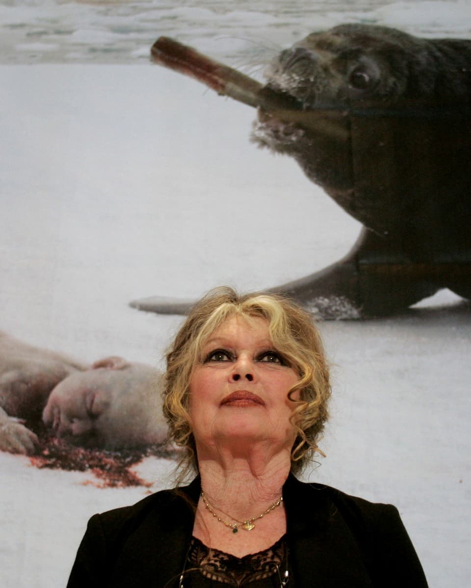 Brigitte Bardot vor einem Tierschutz-Poster, auf dem eine Robbe ein menschliches Baby tötet.