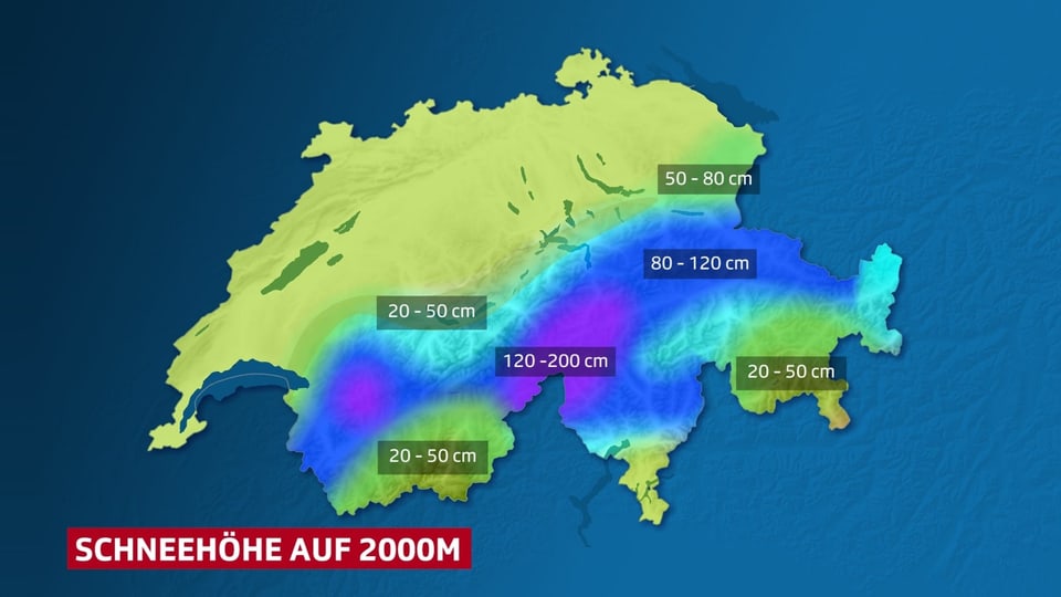 Farbflächen auf der Schweizkarte symbolisieren die Bereiche mit viel und wenig Schnee.