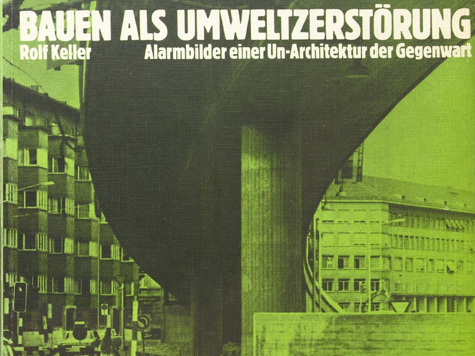 Auf einem Buchcover sieht man auf grünem Hintergrund eine schwarz-weisse Fotografie einer Beton-Brücke.