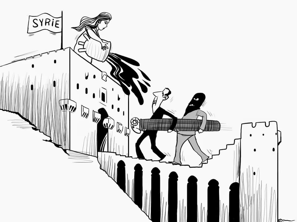 Ein Mann in Anzug und ein Vermummter versuchen, die Festung Syrien zu stürmen. Eine Frau schüttet eine schwarze Masse auf sie runter. 