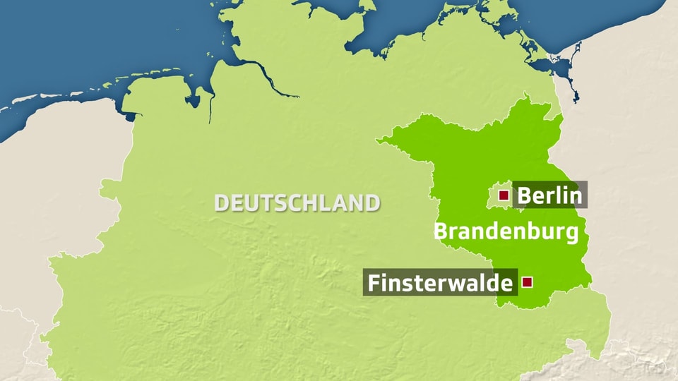 Karte von Deutschland. Berlin und Finsterwalde sind eingezeichnet.