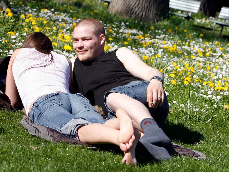 Ein junges Paar sonnt sich nahe beieinander auf einer Wieso mit Frühlingsblumen.