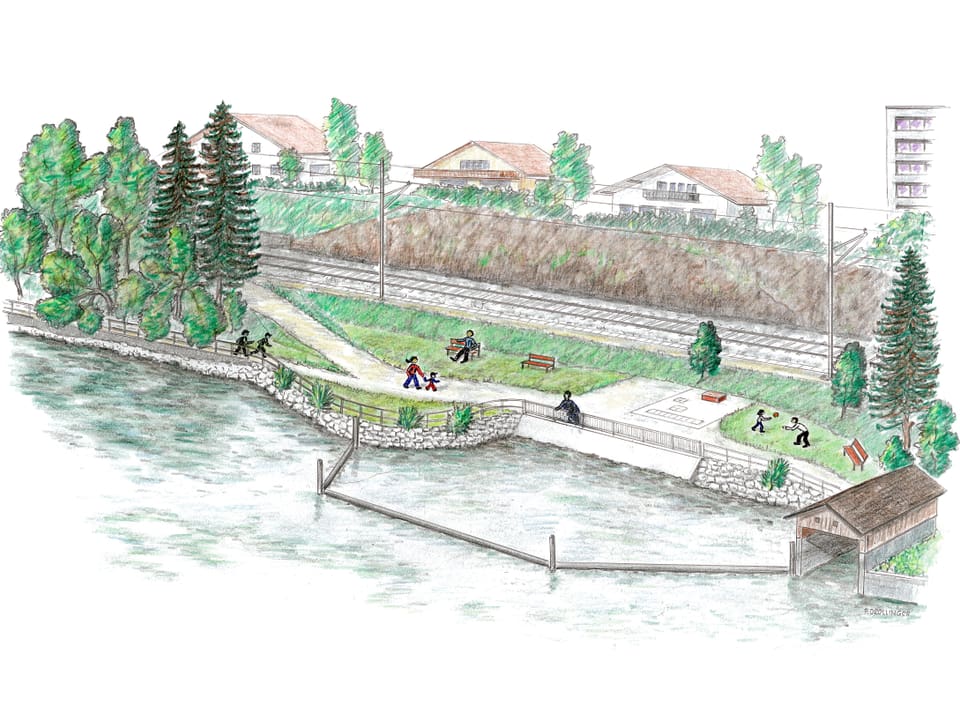 Zeichnung einer Uferlandschaft mit Bauwerken.