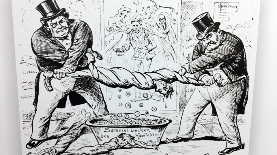Karikatur zeigt zwei dicke Männer, die einen dünnen auswringen. Diesem fallen Münzen aus den Taschen.