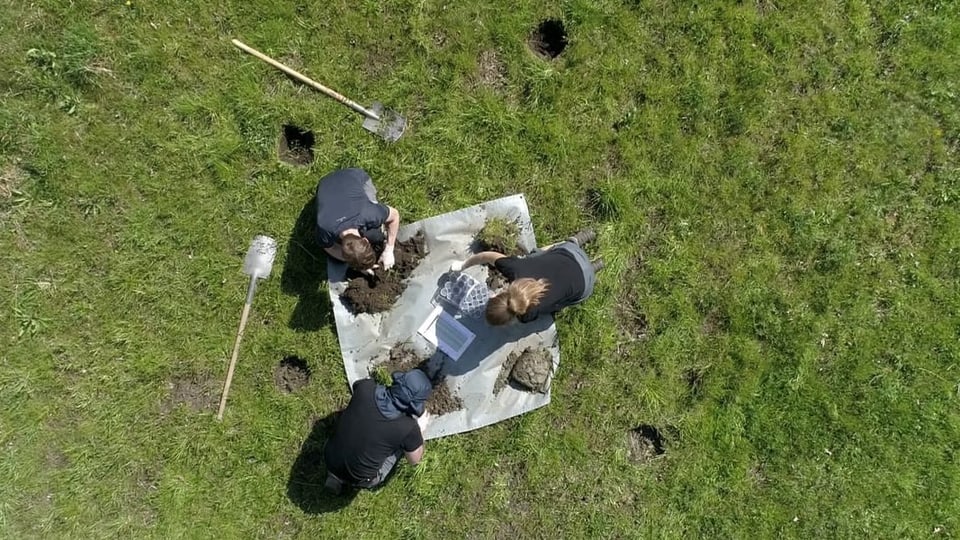 Eine Gruppe Menschen sitzt auf einer Wiese und untersucht Erdklumpen.