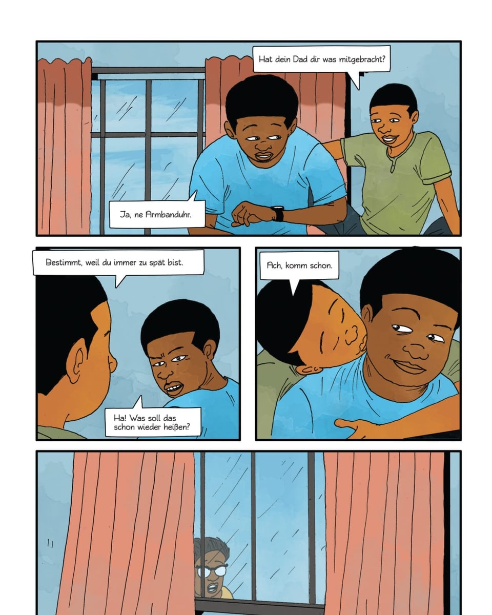 Comicseite: Zwei Jungen küssen sich, eine Frau beobachtet die Szene schockiert durch ein Fenster