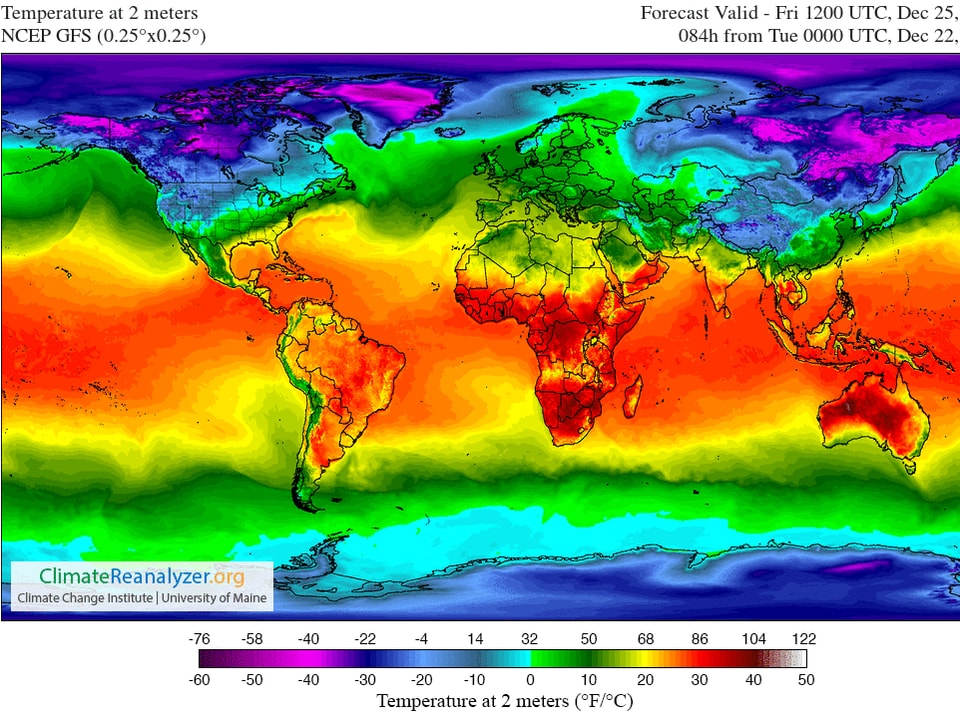 Auf einer Weltkarte ist die Temperaturverteilung dargestellt. In Australien und im zentralen und südlichen Afrika dominiert die dunkelrote Farbe (rund 30 bis 40 Grad). Auf Grönland und im Osten Sibiriens die dunkelviolette (-40 Grad).