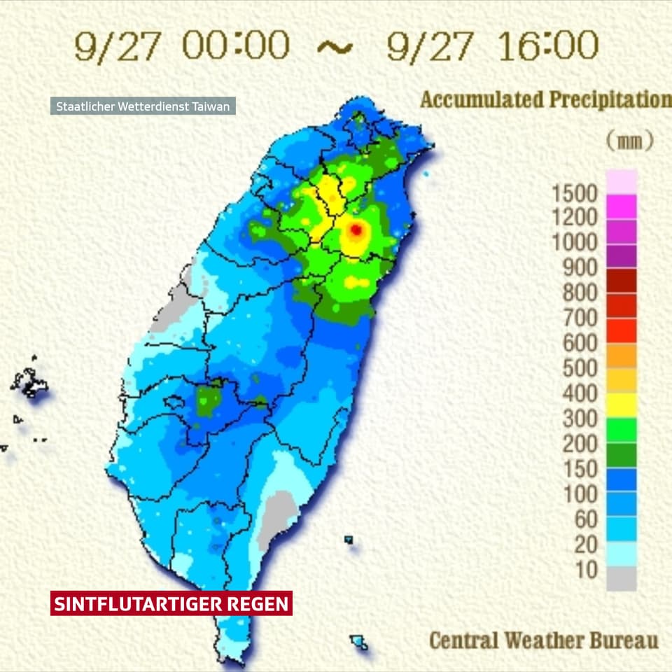 Eine Farbskala zeigt in welchen Teilen Taiwans wieviel Regen fiel. Am meisten viel in den nördlichen Bergen.
