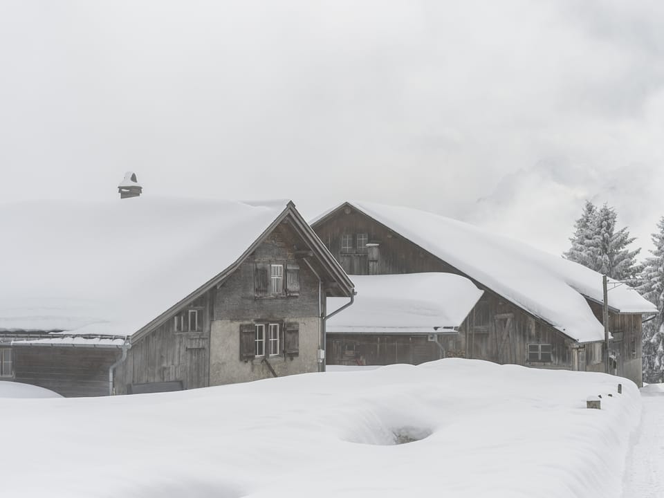 Zwei tiefverschneite, alte Bauernhäuser. Der Himmel ist stark bewölkt und grau.
