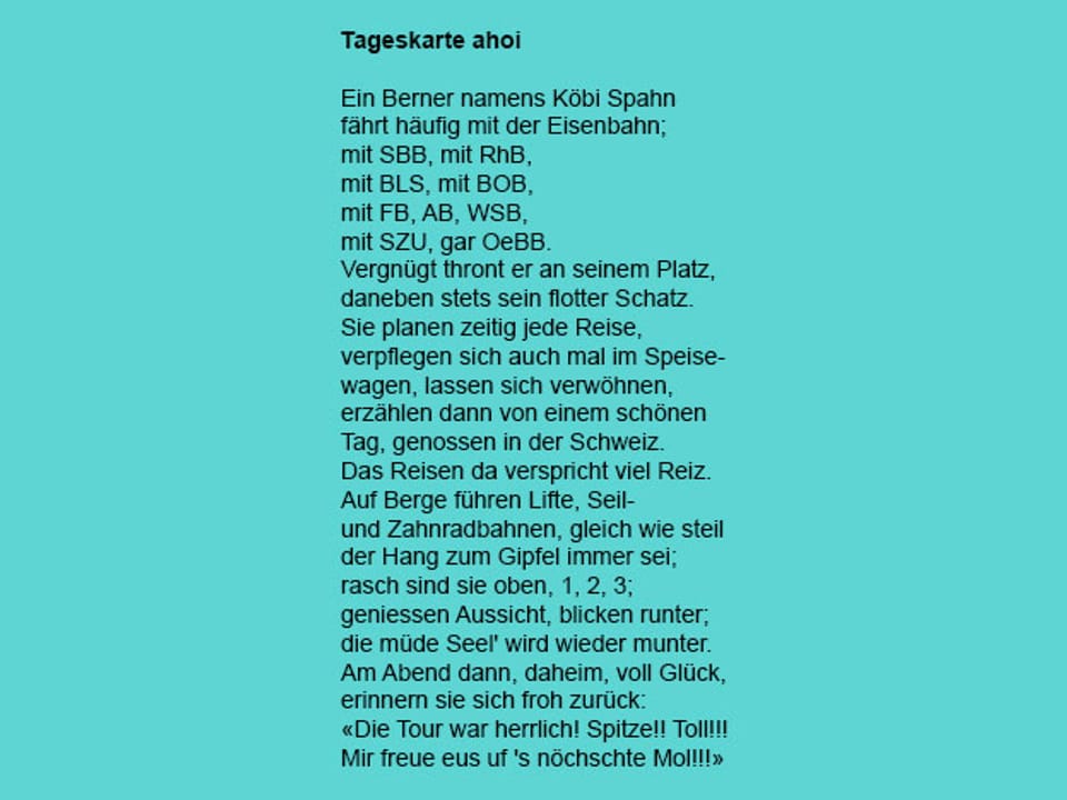 Gedicht in schwarzer Schrift auf türkisfarbenem Hintergrund.