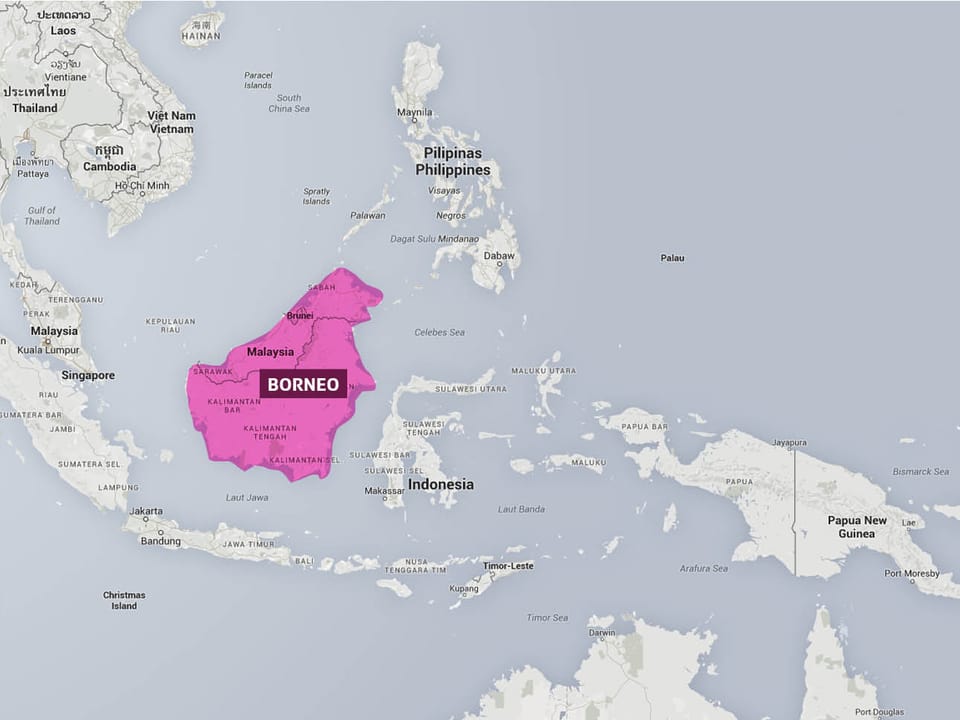 Eine Karte zeigt, wo Borneo situiert ist. Die Insel liegt im Malaiischen Archipel.