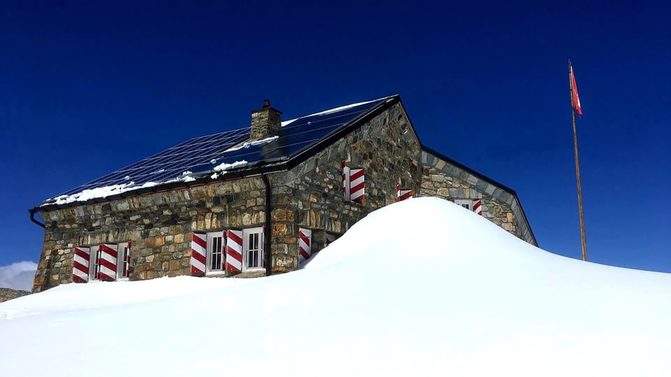 Bild von der Tierberglihütte im Schnee. Im Hintergrund blauer Himmel.