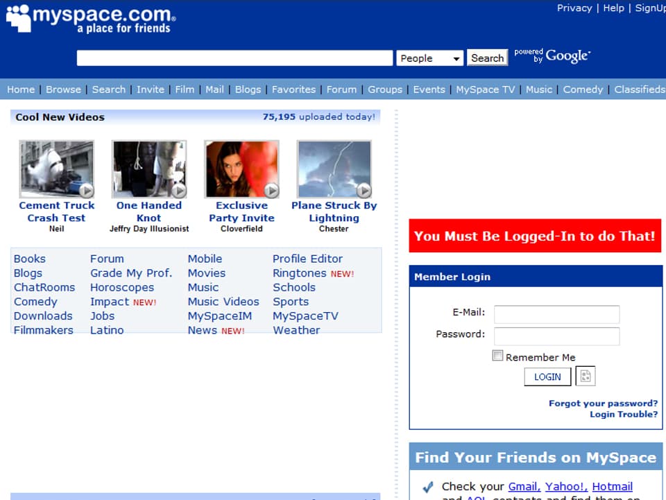 Screenshot der MySpace-Seite von 2007