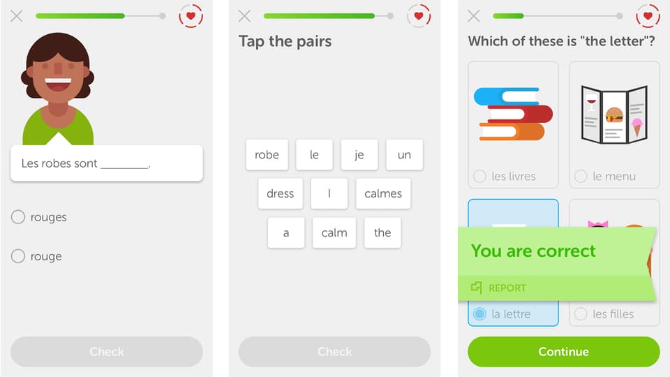 Weitere Aufgaben von Duolingo: Paare Bilden, Wörter auf Bildern erkennen und Endungen richtig Wählen. 