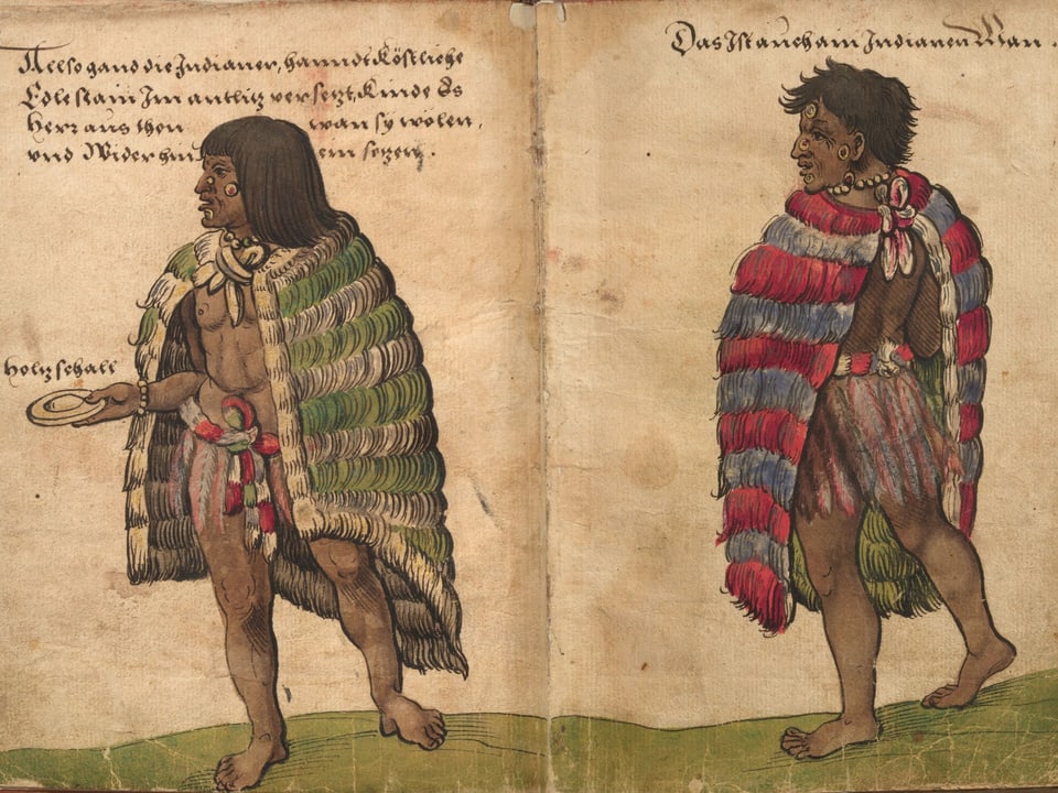 Zwei Indios in traditioneller Kleidung. 