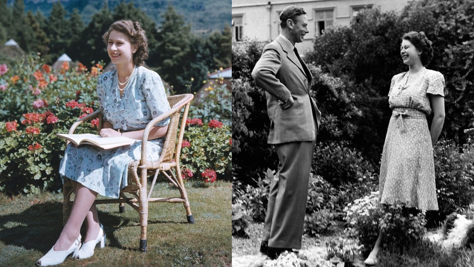 Collage aus zwei Bildern. Die junge Elizabeth einmal in einem blauen Blümchenkleid auf einem Stuhl sitzend. Auf dem anderen ist Elizabeth mit ihrem Vater George zu sehen. Auch hier trägt sie ein gemustertes Kleid.