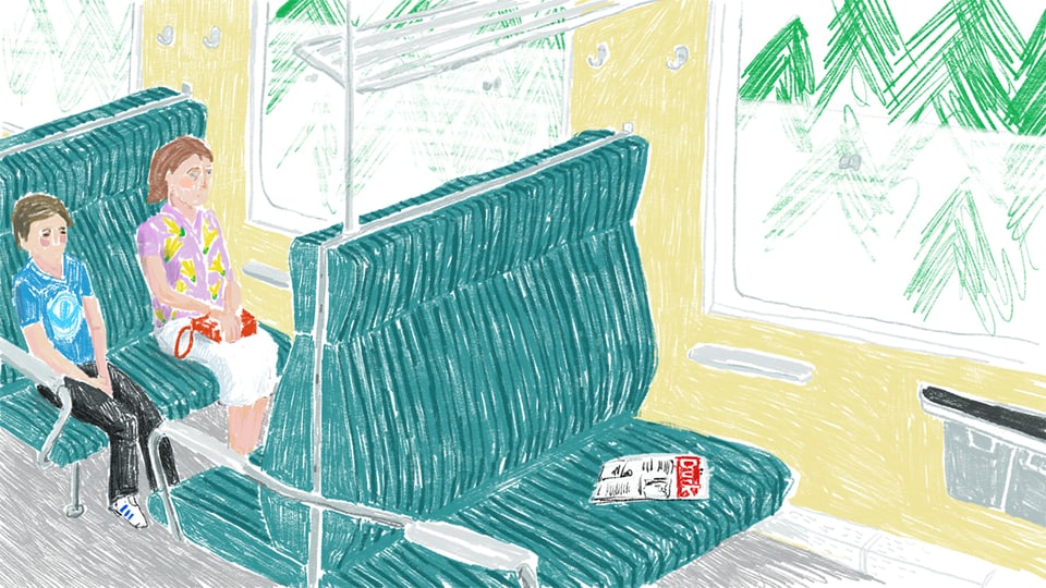 Zeichnung von zwei Menschen, die im Zug sitzen.
