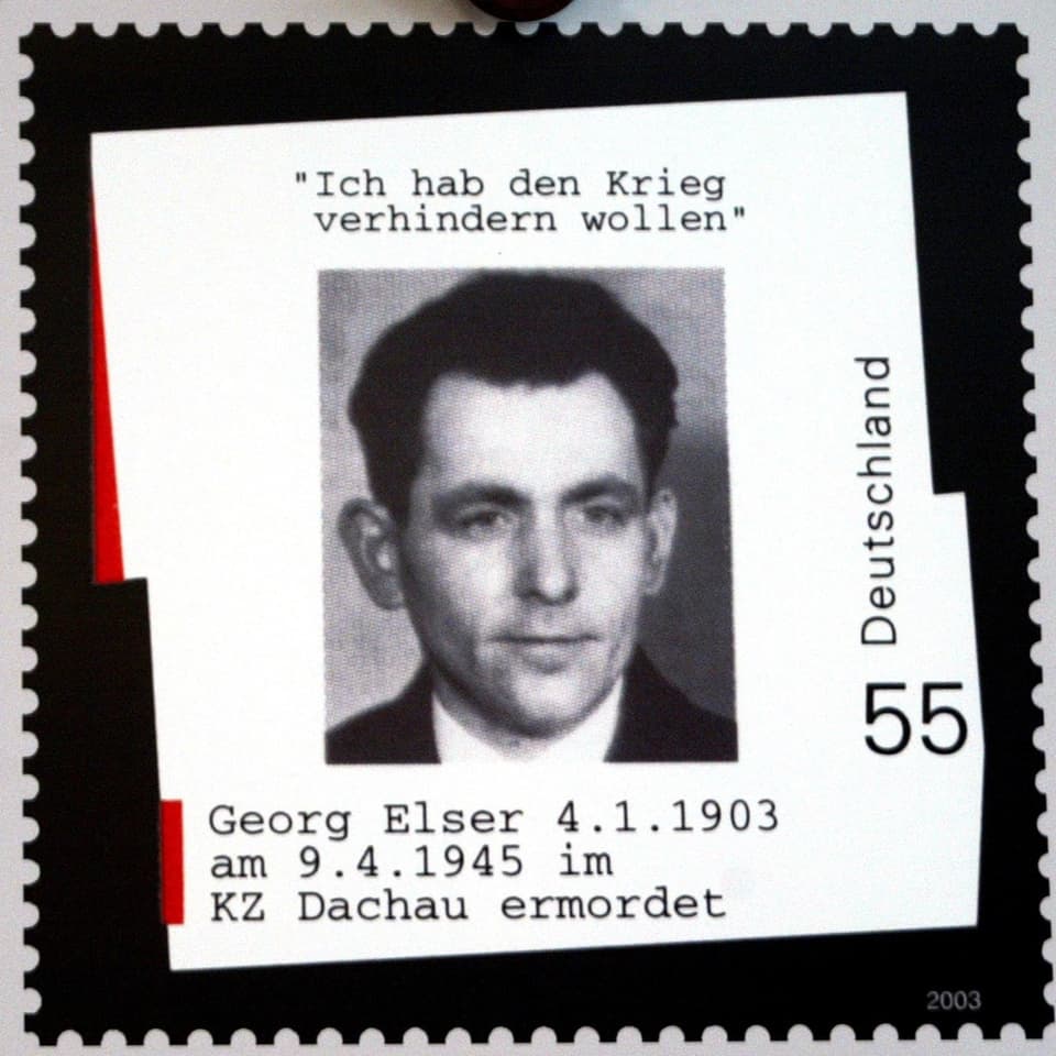 Das Bild zeigt die neue 55 Cent Briefmarke mit dem Motiv des deutschen Georg Elser 