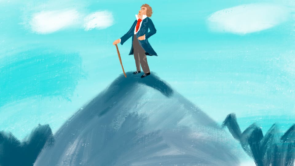 Illustration: Beethoven allein auf einem hohen Berg